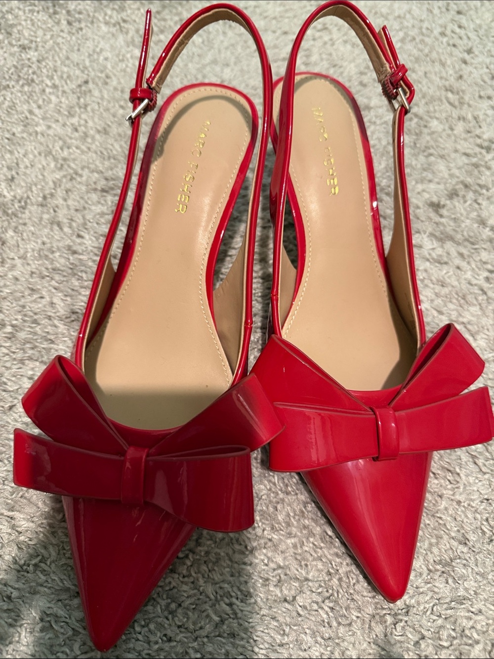 Marc Fisher Red Patent Pointed Slingback Flats with Bow - Picture 2 of 8
